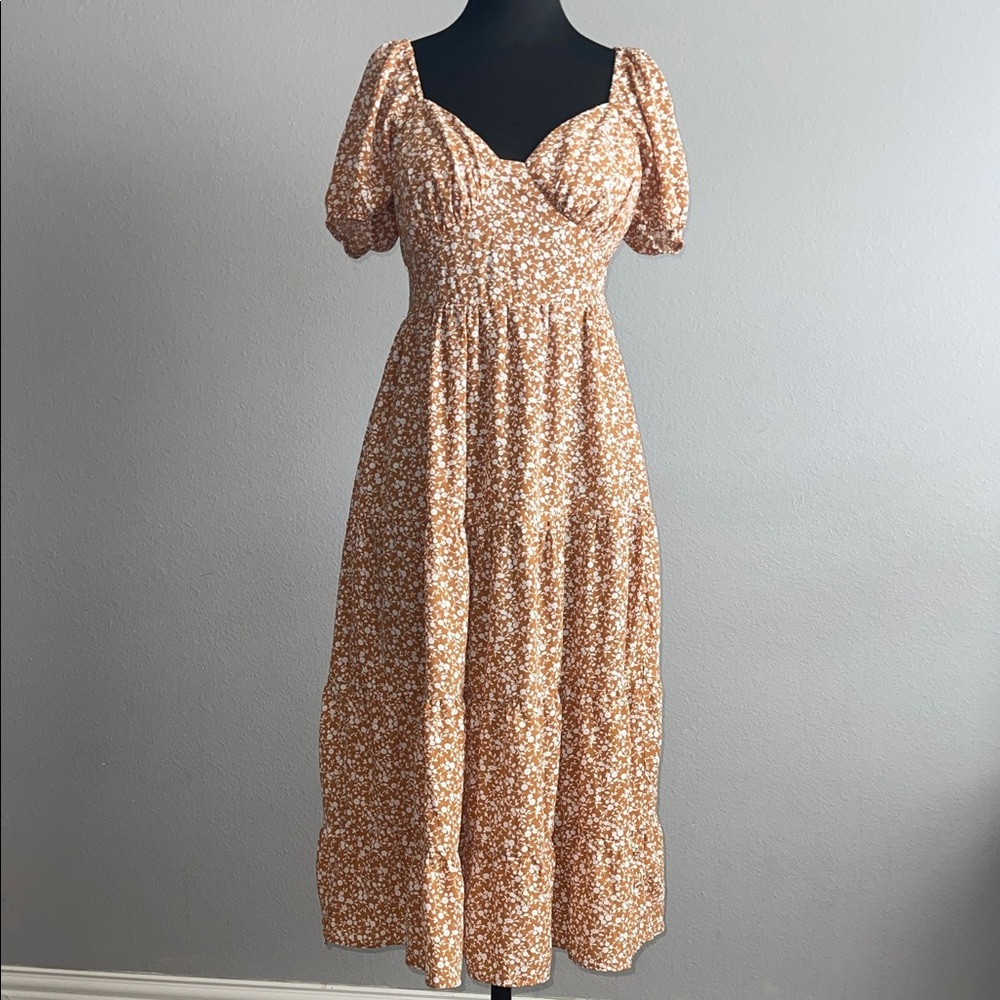 Elegant Pie In The Sky Tan Floral Midi Dress